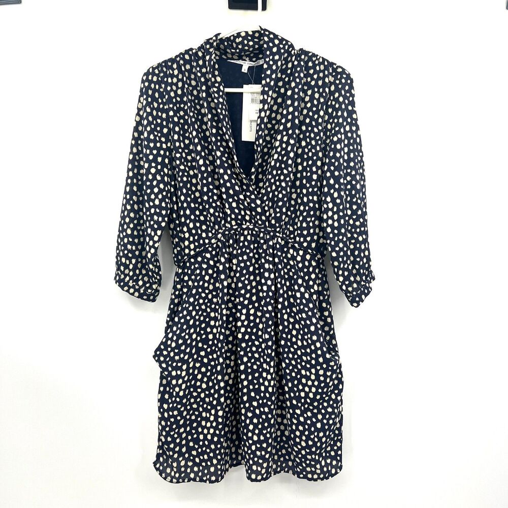 Collective Concepts Saint Germain Navy Dot Wrap Dress Womens S 3/4 Sleeve NWT